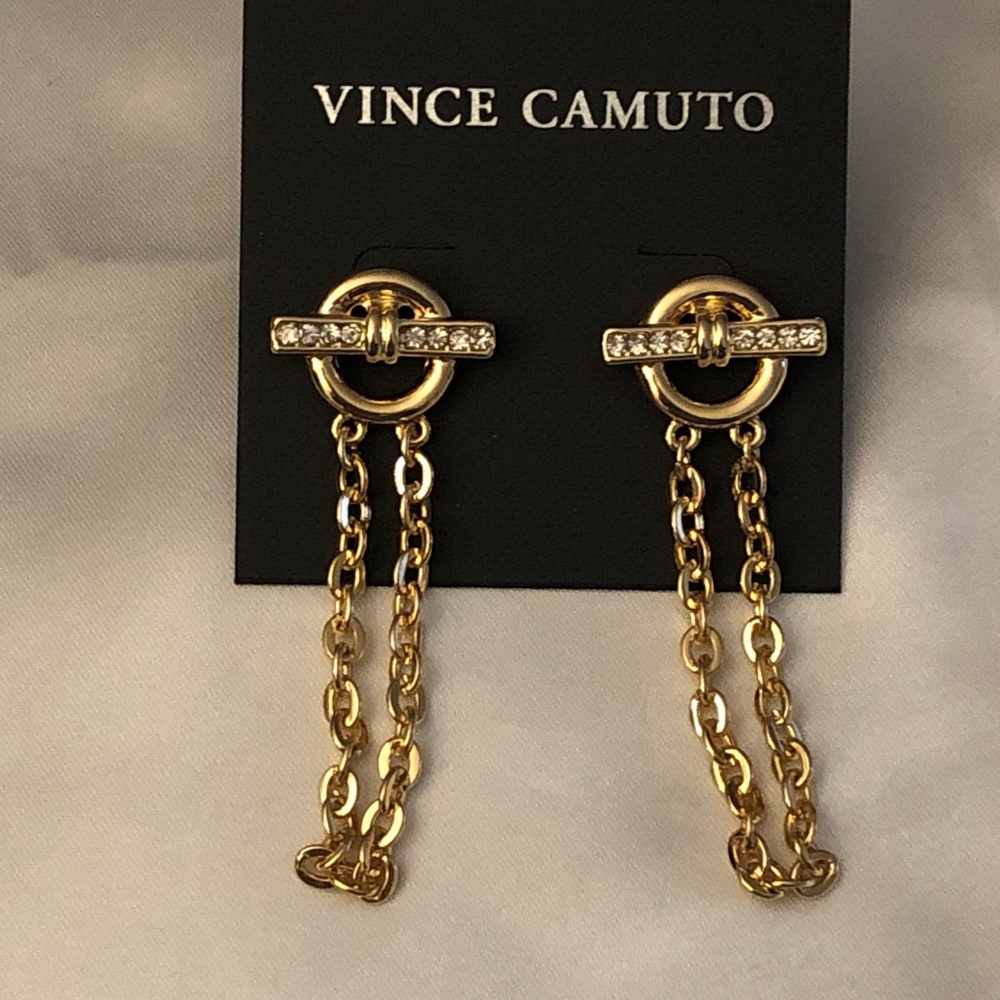 Vince Camuto Gold Tone Toggle Bar Draped Chain Drop Earrings Crystal Accents NWT